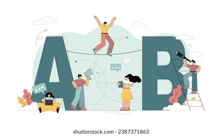 Movement towards the goal. From point A to point B. Little people are looking for ways to achieve their goals. Teamwork. Vector illustration