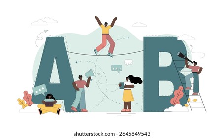 Movement towards the goal. From point A to point B. Little people are looking for ways to achieve their goals. Teamwork