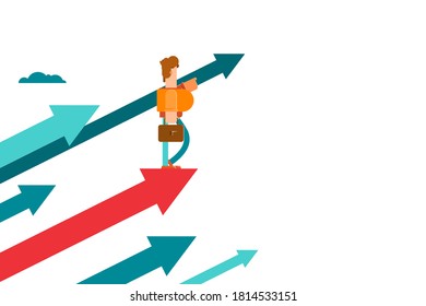 Movement towards success. The business man is moving forward. Illustration of the business man on the arrow.