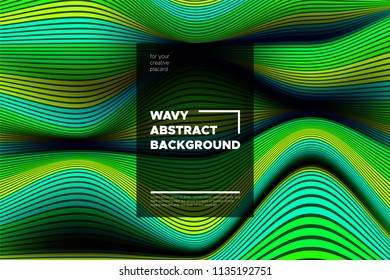 Movement. Trendy Abstract Background of Waves. Modern Bright Flow Poster. Color Blend. Distortion of Wave Stripes. 3d Surface with Optical Illusion. Colorful Warped Lines Movement Effect. Eps10 Vector