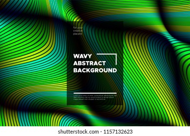Movement. Trendy Abstract Background of Waves. Modern Bright Flow Poster. Color Blend. Distortion of Wave Stripes. 3d Surface with Optical Illusion. Colorful Warped Lines Movement Effect. Eps10 Vector