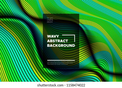 Movement. Trendy Abstract Background of Waves. Modern Bright Flow Poster. Color Blend. Distortion of Wave Stripes. 3d Surface with Optical Illusion. Colorful Warped Lines Movement Effect. Eps10 Vector