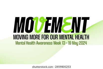 Movement typography design. Mental health awareness week theme banner. Moving more for mental health text. Mental issues prevention.