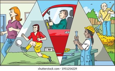 Movement, various physical activities. Vector illustration 