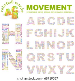 MOVEMENT. Vector letter collection. Illustration with different association terms.