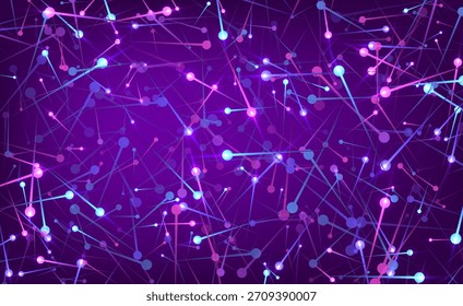 Сhaotic movement vector. Vibrant purple and pink abstract particle movement background. Dynamic scattered glowing dots and connecting lines in a chaotic molecular structure.