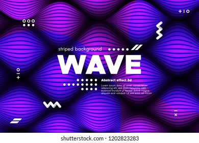 Movement of Waves Concept. 3d Striped Poster with Ripple Effect. Purple Abstract Linear Background. Vector Template for Brochure. Flowing Metallic Lines Banner with Distortion and Movement of Surface.