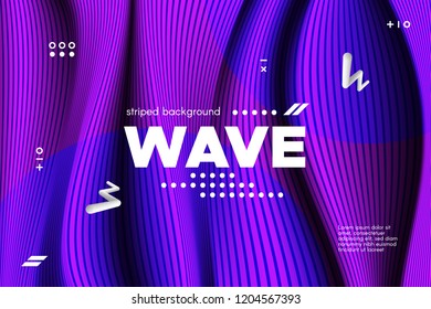 Movement of Waves Concept. 3d Striped Poster with Ripple Effect. Purple Abstract Linear Background. Vector Template for Brochure. Flowing Metallic Lines Banner with Distortion and Movement of Surface.