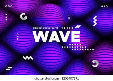 Movement of Waves Concept. 3d Striped Poster with Ripple Effect. Purple Abstract Linear Background. Vector Template for Brochure. Flowing Metallic Lines Banner with Distortion and Movement of Surface.