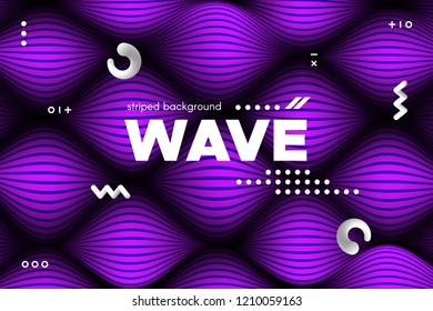 Movement of Waves Concept. 3d Striped Poster with Ripple Effect. Purple Abstract Linear Background. Vector Template for Brochure. Flowing Metallic Lines Banner with Distortion and Movement of Surface.