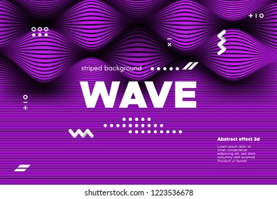 Movement of Waves Concept. 3d Striped Poster with Ripple Effect. Purple Abstract Linear Background. Vector Template for Brochure. Flowing Metallic Lines Banner with Distortion and Movement of Surface.