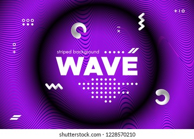 Movement of Waves Concept. 3d Striped Poster with Ripple Effect. Purple Abstract Linear Background. Vector Template for Brochure. Flowing Metallic Lines Banner with Distortion and Movement of Surface.