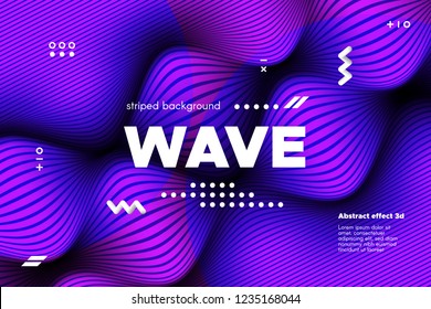 Movement of Waves Concept. 3d Striped Poster with Ripple Effect. Purple Abstract Linear Background. Vector Template for Brochure. Flowing Metallic Lines Banner with Distortion and Movement of Surface.
