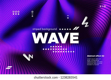 Movement of Waves Concept. 3d Striped Poster with Ripple Effect. Purple Abstract Linear Background. Vector Template for Brochure. Flowing Metallic Lines Banner with Distortion and Movement of Surface.