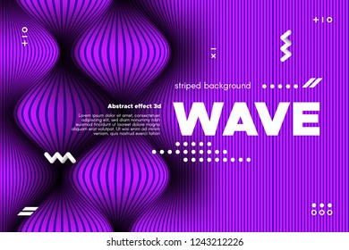 Movement of Waves Concept. 3d Striped Poster with Ripple Effect. Purple Abstract Linear Background. Vector Template for Brochure. Flowing Metallic Lines Banner with Distortion and Movement of Surface.