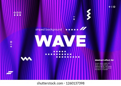 Movement of Waves Concept. 3d Striped Poster with Ripple Effect. Purple Abstract Linear Background. Vector Template for Brochure. Flowing Metallic Lines Banner with Distortion and Movement of Surface.