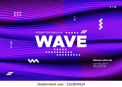 Movement of Waves Concept. 3d Striped Poster with Ripple Effect. Purple Abstract Linear Background. Vector Template for Brochure. Flowing Metallic Lines Banner with Distortion and Movement of Surface.