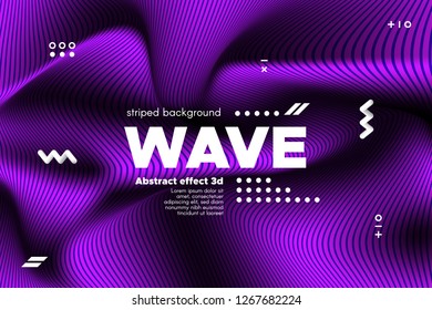 Movement of Waves Concept. 3d Striped Poster with Ripple Effect. Purple Abstract Linear Background. Vector Template for Brochure. Flowing Metallic Lines Banner with Distortion and Movement of Surface.