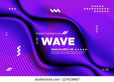Movement of Waves Concept. 3d Striped Poster with Ripple Effect. Purple Abstract Linear Background. Vector Template for Brochure. Flowing Metallic Lines Banner with Distortion and Movement of Surface.