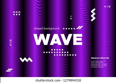 Movement of Waves Concept. 3d Striped Poster with Ripple Effect. Purple Abstract Linear Background. Vector Template for Brochure. Flowing Metallic Lines Banner with Distortion and Movement of Surface.