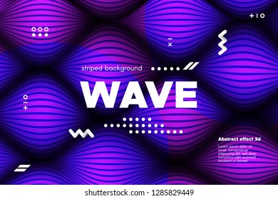 Movement of Waves Concept. 3d Striped Poster with Ripple Effect. Purple Abstract Linear Background. Vector Template for Brochure. Flowing Metallic Lines Banner with Distortion and Movement of Surface.