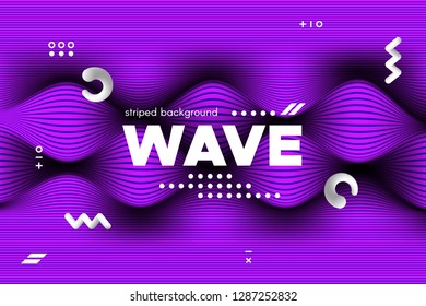 Movement of Waves Concept. 3d Striped Poster with Ripple Effect. Purple Abstract Linear Background. Vector Template for Brochure. Flowing Metallic Lines Banner with Distortion and Movement of Surface.
