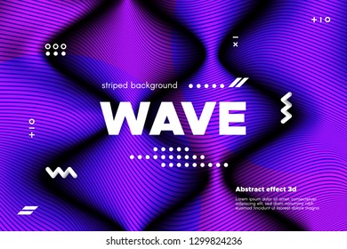 Movement of Waves Concept. 3d Striped Poster with Ripple Effect. Purple Abstract Linear Background. Vector Template for Brochure. Flowing Metallic Lines Banner with Distortion and Movement of Surface.