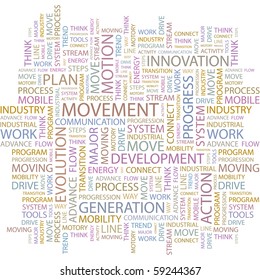 MOVEMENT. Word collage on white background. Illustration with different association terms.