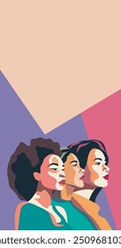 Movements for gender equality and women's empowerment. Women of different cultures and nationalities stand side by side. International Women's Day. Vector illustration for advertising, website, banner