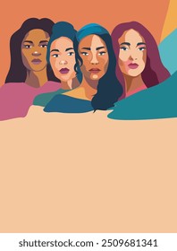 Movements for gender equality and women's empowerment. Women of different skin colors, cultures and nationalities stand side by side. International Women's Day. Vector abstract illustration