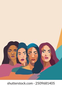 Movimentos em prol da igualdade de gênero e do empoderamento das mulheres. Mulheres de diferentes culturas e nacionalidades estão lado a lado. Dia Internacional da Mulher. Ilustração abstrata de vetor para publicidade