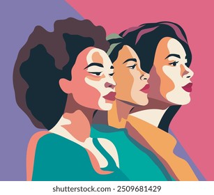 Movements for gender equality and women's empowerment. Free women. Women of different skin colors, cultures and nationalities stand side by side. International Women's Day. 