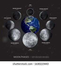 Movements of the Moon Phases Realistic Vector Illustration