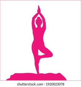 movements in yoga for balance. Position the hand up and the left leg folded while standing. Pink silhouette in relaxation and serenity