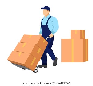 Mover carries a cart with boxes. Cardboard packaging boxes are standing nearby. Relocation. Transport company. Moving service. Cartoon vector illustration in flat style.