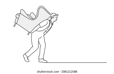 Mover carries a chair on his back. Moving company services. Hand drawn vector illustration. Black and white.