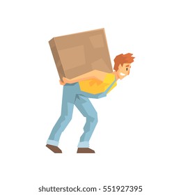 Mover Carrying A Large Box On His Back, Delivery Company Employee Delivering Shipments Illustration
