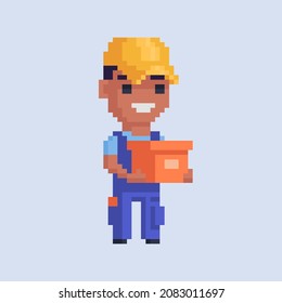 Mover delivery service worker with cardboard. Character courier in pixel art. Vector illustration