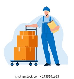 Mover Delivery Service Worker With Cart Vector. Mover Man Delivering Boxes With Customer Order Goods. Character Courier Move And Carrying Cardboard Packages Flat Cartoon Illustration