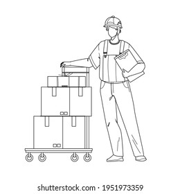 Mover Delivery Service Worker With Cart Black Line Pencil Drawing Vector. Mover Man Delivering Boxes With Customer Order Goods. Character Courier Move And Carrying Cardboard Packages Illustration