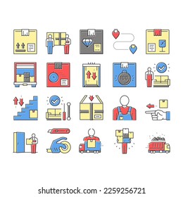 Mover Express Service Collection Icons Set Vector. Mover Worker Delivery Cardboard Box And Couch, Truck Cargo, Knife And Scotch Tape, Color Contour Illustrations