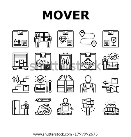 Mover Express Service Collection Icons Set Vector. Mover Worker Delivery Cardboard Box And Couch, Truck Cargo, Knife And Scotch Tape, Black Contour Illustrations