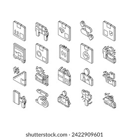 Mover Express Service Collection isometric icons set. Mover Worker Delivery Cardboard Box And Couch, Truck Cargo, Knife And Scotch Tape, Color Contour .