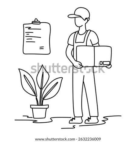 Mover holding a box and clipboard. A professional mover organizes items with a checklist. Great for conveying efficient logistics, inventory, or delivery. The mood is organized and trustworthy