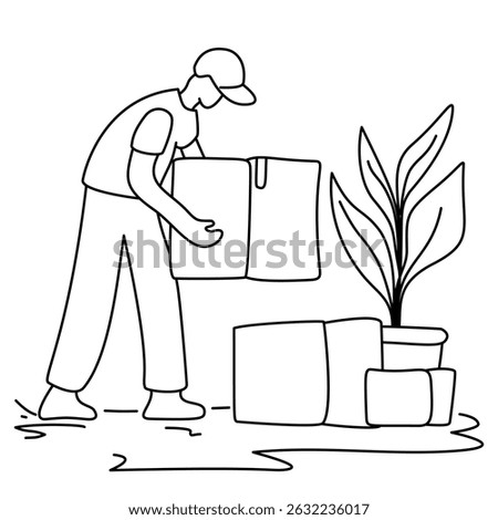 Mover holding a box and clipboard. A professional mover organizes items with a checklist. Great for conveying efficient logistics, inventory, or delivery. The mood is organized and trustworthy
