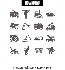 mover icon. 16 mover vector set. excavator construction machine side view, dump truck, excavator machine arm and excavator side view icons for web and design about mover theme