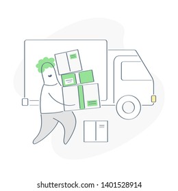 Mover or loader worker helps with shipment, home moving and package delivery cardboard boxes loading them into a truck. Flat outline vector on white background.