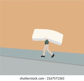 Mover Man carrying the mattress on street while moving the house. Moving house service concept. Relocation.