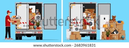 Mover man loading cardboard box to cargo truck. Delivery service, removal company. Moving to new house or office.
