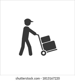 Mover Pushing Moving Hand Truck Or Dolly With Boxes Flat Vector Icon For Apps And Websites